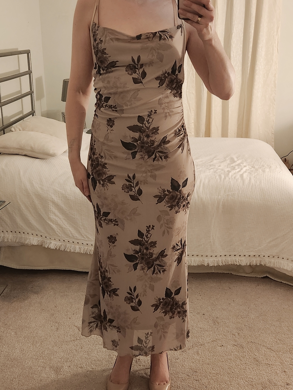 ROMWE Beige Floral Cowl-Neck Midi Dress